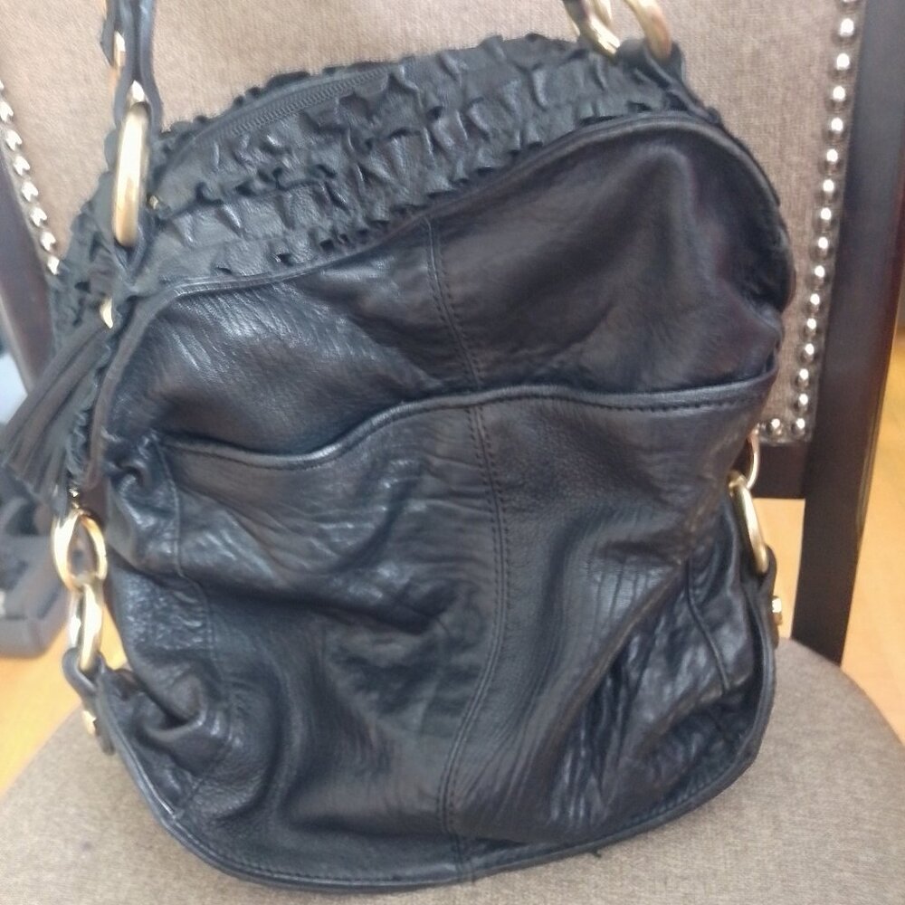Bill Blass Black Leather w/Ruffled Trim Handbag/Purse